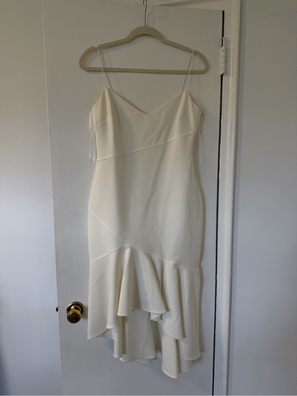Likely Cream Spaghetti-Strap Ruffle-Hem Midi Dress